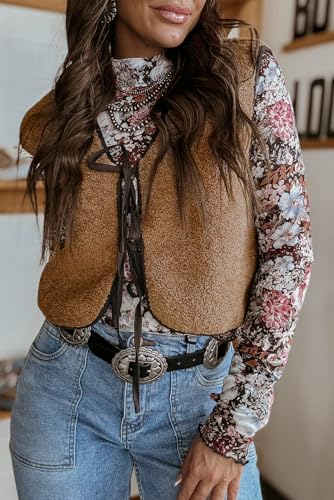 Women's Light French Beige Contrast Trim Tie Front Sherpa Vest - Cozy Fleece Outerwear4