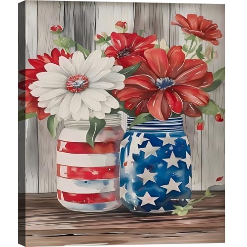 Image of Framed American Flag Mason Jar Flower Wall Art, Patriotic Farmhouse Canvas Art Pictures, USA Flag Wall Decor, Made in USA Ready to Hang for Kitchen Living Room