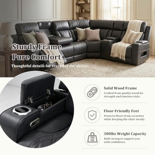 Image of Power Reclining Sectional Sofa with Cup Holders /Storage for Living Room | 5 Seat L-Shaped Recliner Couch with USB Charging / Home Theater Seating / Dark Grey Leather Furniture for House, Apartment