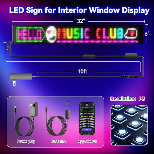 Image of Large Programmable LED Sign, P5 Resolution Indoor Store LED Sign, Bluetooth APP, for Business Retail Shop Window Display (32 inchx 6 inch)