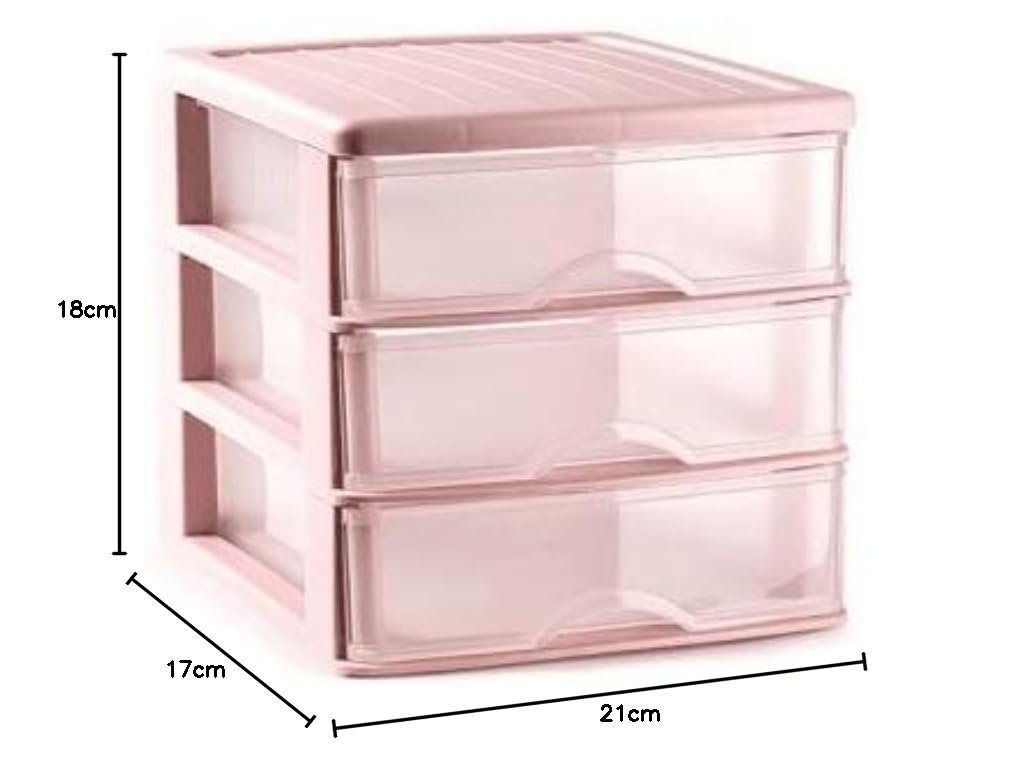 CABLEPELADO Torre de almacenamiento con 3 cajones sobremesa, Organizador de escritorio, Caja de almacenamiento de escritorio,18 cm alto x 17.7 cm ancho x 21.5 cm fondo, Rosa y cajones transparentes