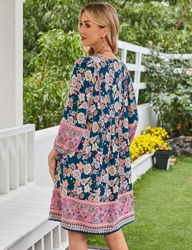 Image of Bluetime Women Casual Summer Dress Boho V Neck 3 /4 Sleeve Babydoll Floral Print Flowy Beach Dress