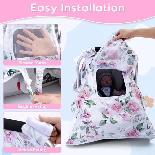 Image of Baby Car Seat Cover, Infant Car Seat Cover with 2 Layer Windows, Breathable Baby Carrier Sun Shade Cover, Windproof Car Seat Canopy Weather Shield for Newborn
