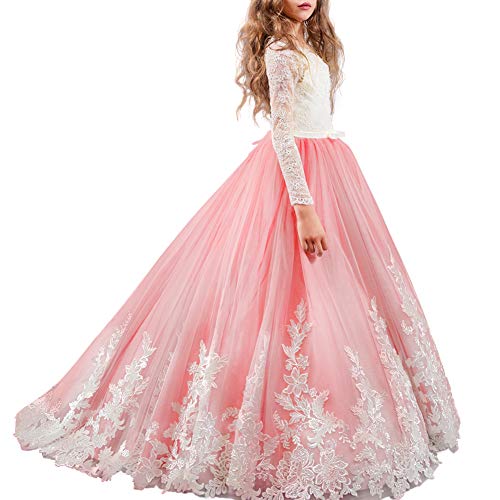 IWEMEK Girl Lace Embroidery Flower Long Sleeve Wedding Trailing Dress Princess Pageant Party Floor Length Communion Prom Gown