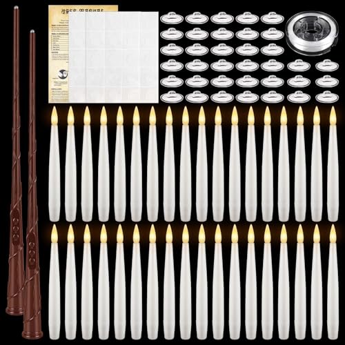 Image of 36 Pcs Halloween LED Magic Hanging Floating Candles, Taper Flickering Flameless with 2 Magic Wands - Candle Set for Halloween, Christmas, Weddings, Birthdays & Fantasy Ambiance...