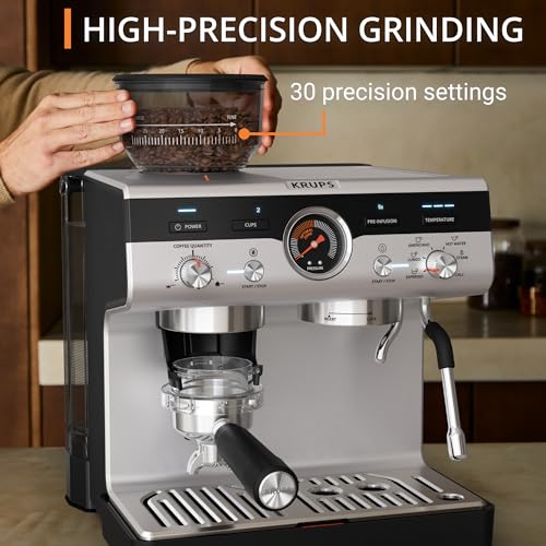 Krups Precision, Manual Espresso Machine With Grinder, Perfectly Crafted Espresso, Intuitive Interface, XP801TG0, Black/Stainless Steel - Image 3