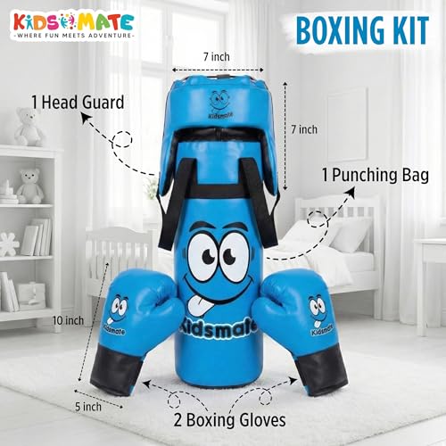 Image of Kidsmate Boxing Kit for Kids of Age 3-8 Yrs | Safe Synthetic Leather Punching Bag with Gloves Set | Boxing Set for Karate Training & Punch Practice | Playful Fitness Activity for Boys & Girls - Blue