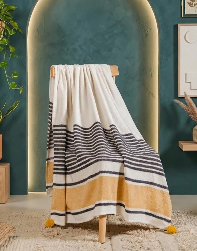Image of HAKAM 100% Cotton Soft Throw Blanket with Fringe | White & Mustard Stripe | Cozy Breathable Decorative Couch, Bed, Sofa Throw | 50x60 inch