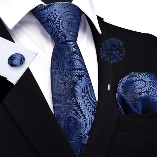 Image of GUSLESON Paisley Tie Set for Men 3.15 inch Necktie Lapel Pin Hankerchief Cufflinks Set for Men