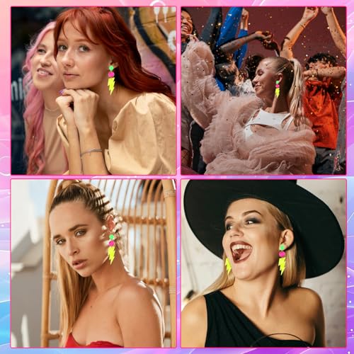 2Pcs 80s 90s Neon Earrings for Women Hollow Lightning Bolt Earrings Colorful Drop Earrings Neon Accessories for 80's Outfit Glow Party Earrings4