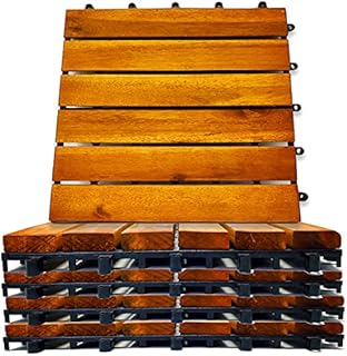 Interlocking Deck Tiles 8 Pack - Snap Together Wood Flooring | 12 x 12 Acacia Hardwood Outdoor Flooring for Patio | Click Floor Decking Tile Outdoors Balcony Flooring, Wooden Parquet Flooring