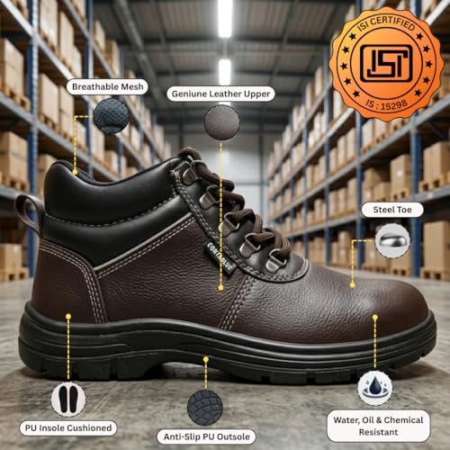 Image of Contablue Rival Safety Boots for Men | Genuine Leather, Steel Toe | ISI Certified IS:15298 | Chemical & Oil Resistant, Anti-Skid | Heavy Duty Work Boots for Construction, Mining & Industrial Use