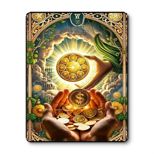 Image of SAF Golden Wealth Flow Wall Art | Hand Holding Coins with Divine Blessings in Black Frame Sparkle Lamination | Abundance Attraction Painting for Home Office Business (14 Inch x 11 Inch) K-36115