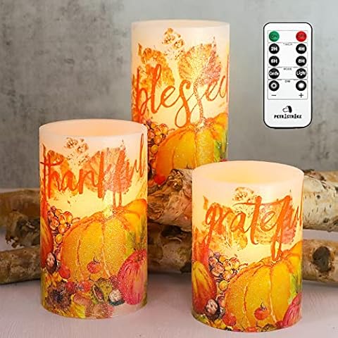 PETRISTRIKE Fall Decor Flameless Candles, Autumn Harvest Maple Leaf Pumpkin Led Candles, Battery Candle with Remote & Timer, Realistic Pillar Candle for Thanksgiving Decorations, Halloween, Party Cover