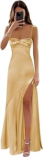 Satin Corset Prom Dresses Long Spaghetti Straps A-Line Pleated Bridesmaid Dress Formal Evening Gowns with Slit - Buy now