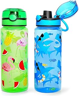 Home Tune Kids Water Drinking Bottle (680ml) - BPA Free, Flip Straw Lid Cap, Lightweight, Carry Handle, Leak-Proof Water Bottle with Cute Design For Girls & Boys - 2 Pack Dinosaur & Fruit