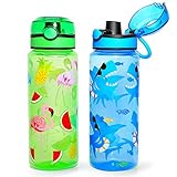 Home Tune 23oz Kids Water Drinking Bottle - BPA Free, Auto Push Button, Chug Lid, Carry Loop Lightweight, Leak-Proof Water Bottle with Cute Design For Girls & Boys - 2 Pack Shark & Fruit