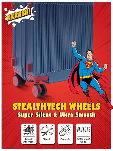 Image of FUR JADEN The Aviator 55cm German Polycarbonate Travel Luggage Cabin Suitcase with 8 StealthTech Silent Shock Absorbing Wheels, TSA Lock & Aerospace Grade Wide Trolley (Superman, Cabin 20 inch)