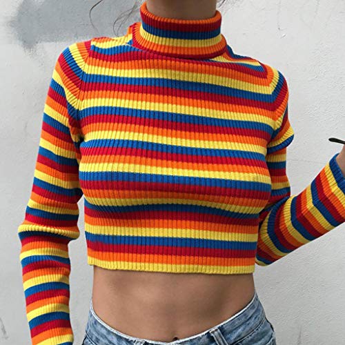 Autumn and Winter Sweaters Keep Warm, Womens Autumn Long Sleeve Turtleneck Sweater Colorful Rainbow Stripes Short Crop4