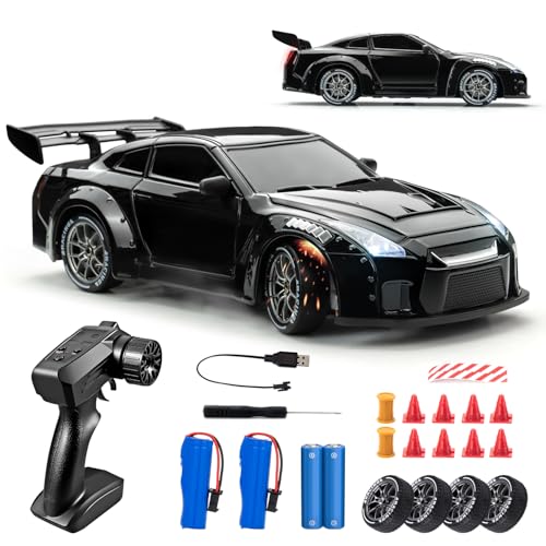 RC Drift Car, 1:24 Scale Remote Control Vehicle with LED Lights, 2.4GHz 20KM/H 4WD High Speed RC Cars, Drifting Tires＆Two Batteries, Racing Sports Toy Idea Gift for Adults Boys Girls and Kids (Black)