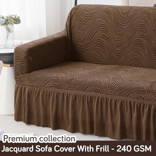 Image of HOKIPO 3 Seater Sofa Cover with Frill - 240 GSM Premium Jacquard Stretchable Fully Covered Slipcover,' Serene Wave Series' Pecan Brown (AR-6354-BR)