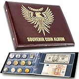 3in1 Coin Holder Album 180 Pockets - Paper Money Collection 10 Pockets - Large Storage Book for Collectors and Great for Gold Silver Dollars Dollar Bill Currency Quarters Penny Foreign Coins - Brown