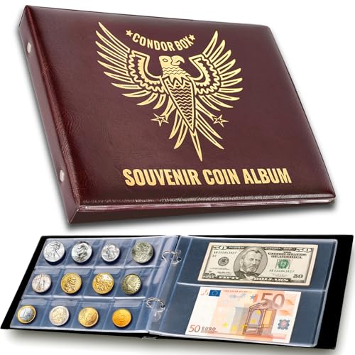 3in1 Coin Holder Album 180 Pockets - Paper Money Collection 10 Pockets - Large Storage Book for Collectors and Great for Gold Silver Dollars Dollar Bill Currency Quarters Penny Foreign Coins (Brown)
