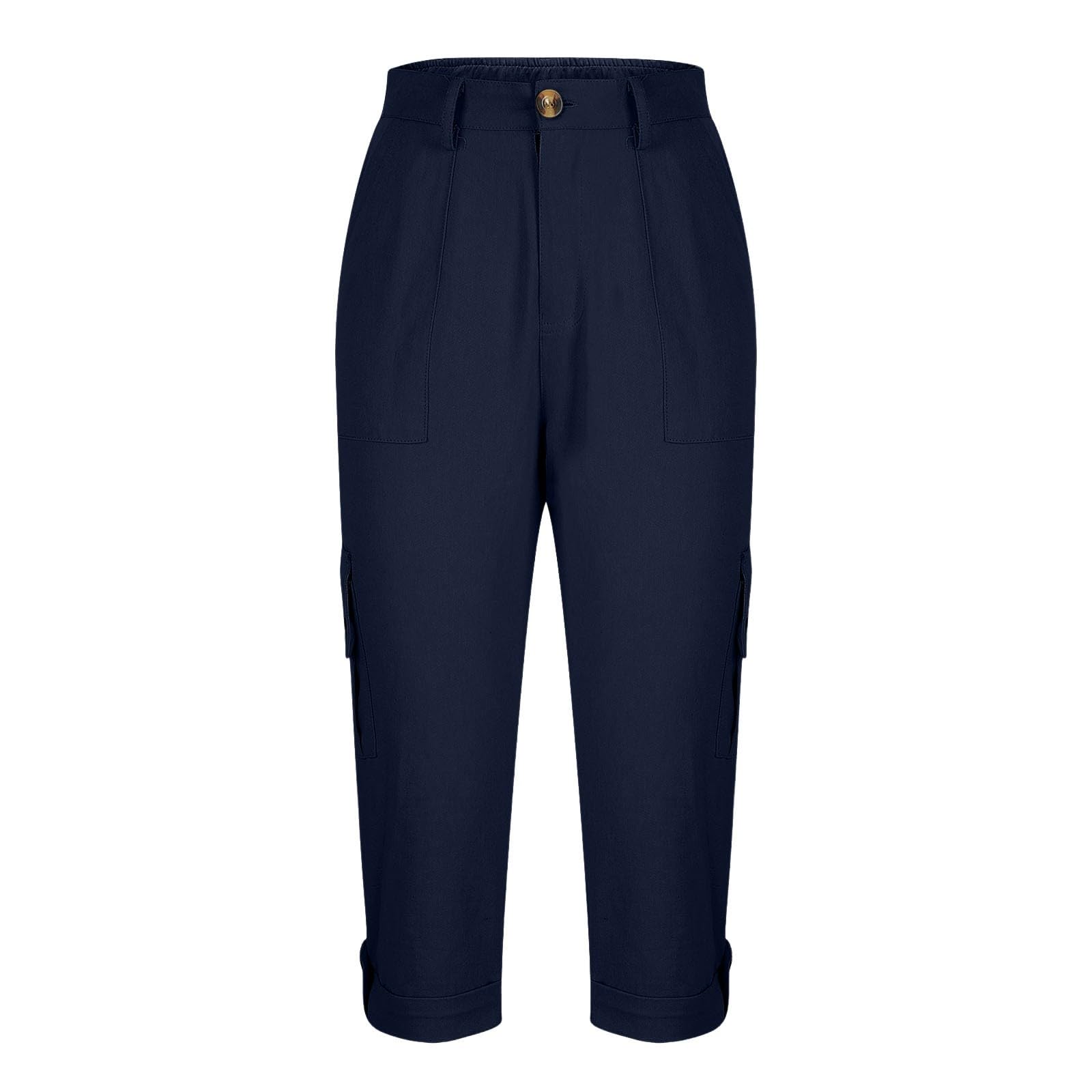 Pantalon Cargo Femme 3/4 Pantalon de Sport Été Léger Corsaire Femme avec Poches Latérales Bouton à la Taille Ourlet Roulé Pantacourt Décontracté pour Randonnée Travail Chasse
