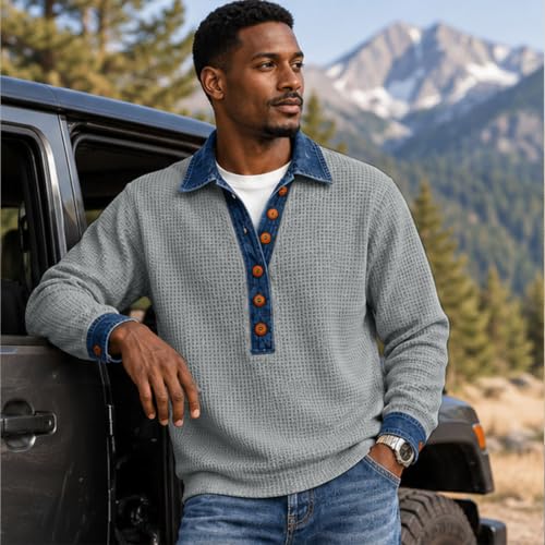 Waffle Knit Long Sleeve Men Denim Collar Patchwork Button Polo Shirts - image 2