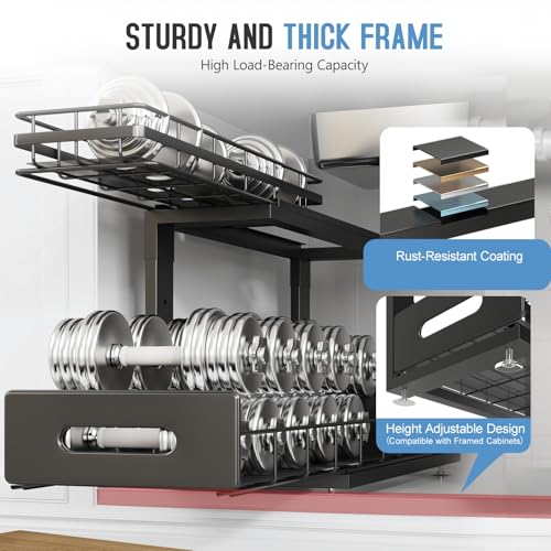Image of Under Sink Organizer Upgrade To Professional Rails,2-Tier Dual Pull Out Cabinet Storage,Height Adjustable Slide Out Drawers For Bathroom Kitchen,2 Pack-18.5 inchDx12.8 inch-16.9 inchH,Black