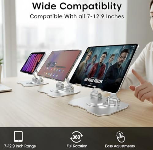 Image of Aluminium Tablet Stand Holder with 360 Rotating Base & Multi-Angle Adjustment, Universal Desk Tablet Dock for iPad Pro /Air /Mini, Samsung Galaxy Tab & All Tablets (Silver)