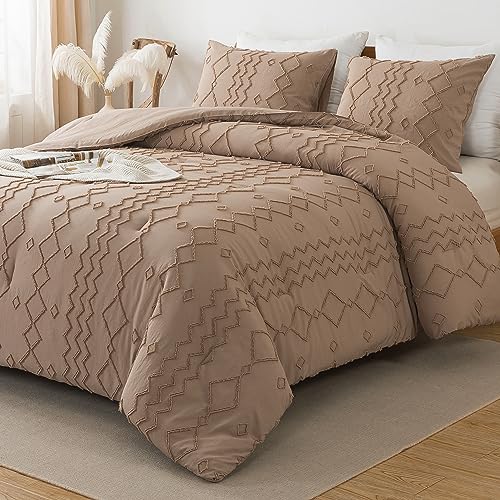 Image of Andency Taupe Tufted Comforter Set Full(79x90Inch), 3 Pieces(1 Boho Comforter, 2 Pillowcases) Textured Farmhouse Bed, Soft Down Alternative Geometric Bedding Set