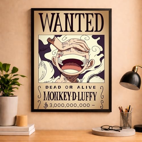 Image of Aniculture Framed Anime Poster, 8x12 Inch, Black Synthetic Wood Frame, Gloss Lamination, 300 GSM Ultra HD Print, Shatter-Resistant, for Home and Gaming Room Decor (Luffy Wanted Poster)