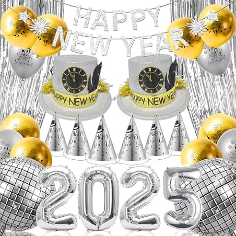 New Years Eve Party Supplies 2025 Silver,Happy New Year Decorations Kit, Banner Glitter Sliver Top Hats,Sliver Corn Hats,2025 Number Balloons Foil Fringe Curtain Disco Ball Balloons Cover