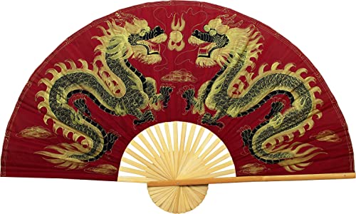 Dragons Folding Wall Fan Hand-painted Chinese Decor Artwork (60 inch wide, Maroon Dragons)