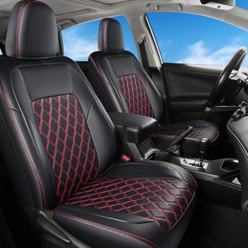 Image of Huidasource Custom Fit RAV4 Car Seat Covers Full Set, Full Coverage Leather Seat Cover, Rav4 Seat Cushion Protector Fit for 2013-2018 Toyota Rav4 XLE LE XLE Premium Limited(Not for Hybrid, Black&Red)