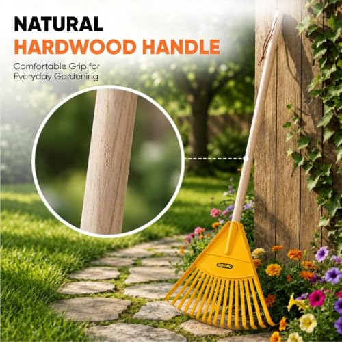 Image of Pack of 12 Kids Rake with Hardwood Handle, Durable Plastic Head to Sweep Leaves in Lawn and Tidying Up The Garden, 34 inch (Yellow)