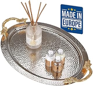 Crystalia Oval Serving Tray with Handles, Large Decorative Round Service Plate for Coffee Tea Drink Breakfast Dinner Table, Antique & Vintage Turkish Ottoman Style Luxury Metal Serving Tray (Silver)