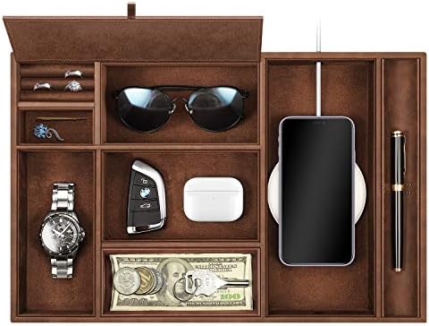 SITHON Valet Tray Desktop Organizer - 8 Compartments Catchall EDC Tray PU Leather Bedside Vanity Tray Nightstand Caddy Coin Box Key Jewelry Storage Organizer, (Brown)