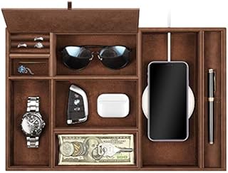 SITHON Valet Tray Desktop Organizer - 8 Compartments Catchall EDC Tray PU Leather Bedside Vanity Tray Nightstand Caddy Coin Box Key Jewelry Storage Organizer, (Brown)