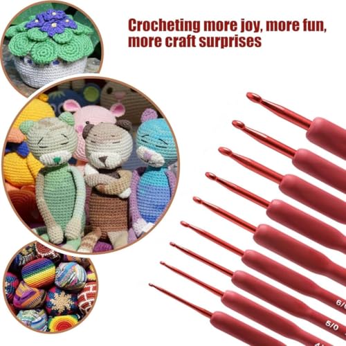 Image of VIRADHAM Ergonomic Crochet Hook Set, 9-Piece Soft Touch Aluminum Crochet Hooks (2.0-6.0mm), Red Knitting Needles for Arthritic Hands, Comfortable Grip Crochet Kit for Beginners & Professionals (9 Pcs RED)