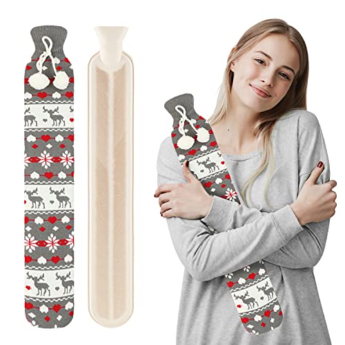 Easycosy Bouillotte longue - Bouillotte de lit chaude avec housse tricotée en tissu super doux 2 L pur caoutchouc naturel - 72 cm pour le dos, le cou, les jambes (gris Noël) Cover