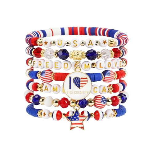 4th of July Beaded Bracelet with Star Charms