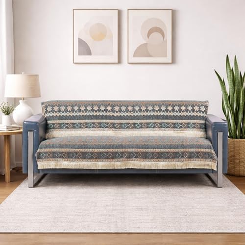 Image of Elegant Woven Grey Sofa Cover - Soft Chenille Traditional Pattern with Lace Style | L-Shape Sectional Seat Protector for Living Room | Durable & Stylish Slipcover 3 Seater Sofa Cover