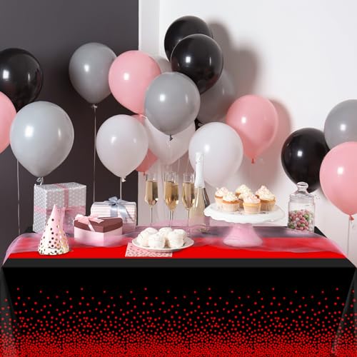 Image of MASHAN 3Pcs Black and Red Tablecloth Party Decorations,Plastic Black Table Cloth Printed Red Table Runner Disposable Rectangle Cover for Birthday Weeding Anniversary Graduation Party,54 x108 Inch