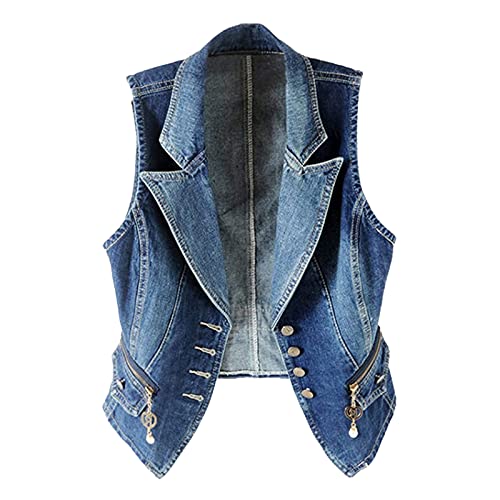 Chaleco Vaquero para Mujer - Sin Mangas, Casual, Negro y Azul - Bolsillo Clásico, Solapa - Chaqueta 3XL