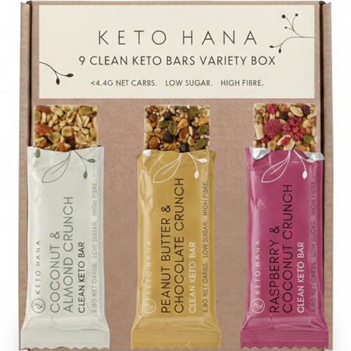 Keto Hana Keto Granola Bars Variety Pack | 3 Flavours | Zero Added Sugar | From 3.5g Net Carbs | High Fibre Keto Snacks | Clean Ingredients | 9 Bars