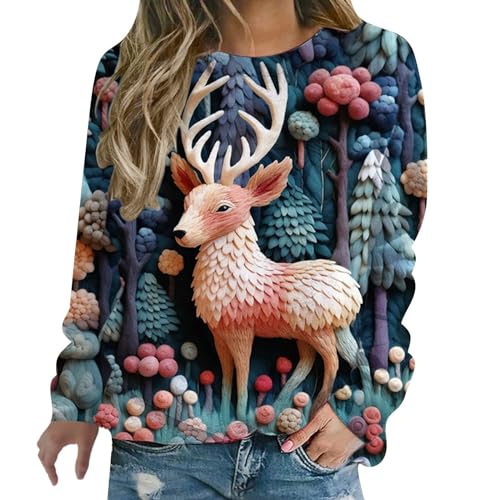 Image of Womens Christmas Jumper Funny Ugly Women's Hoodless Sweatshirt Christmas Pullover Cute Graphic Print Long Sleeve Round Neck Tops Casual Holiday Apparel Soft Comfortable Fit Daily Wear (Navy, XL)