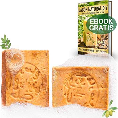 tom&pat® Jabón de Alepo Original (2x 200g) + EBOOK: JABÓN NATURAL DIY, 80/20% aceite de oliva/laurel, jabón de ducha, para cabello y manos, PH 8, no tóxico