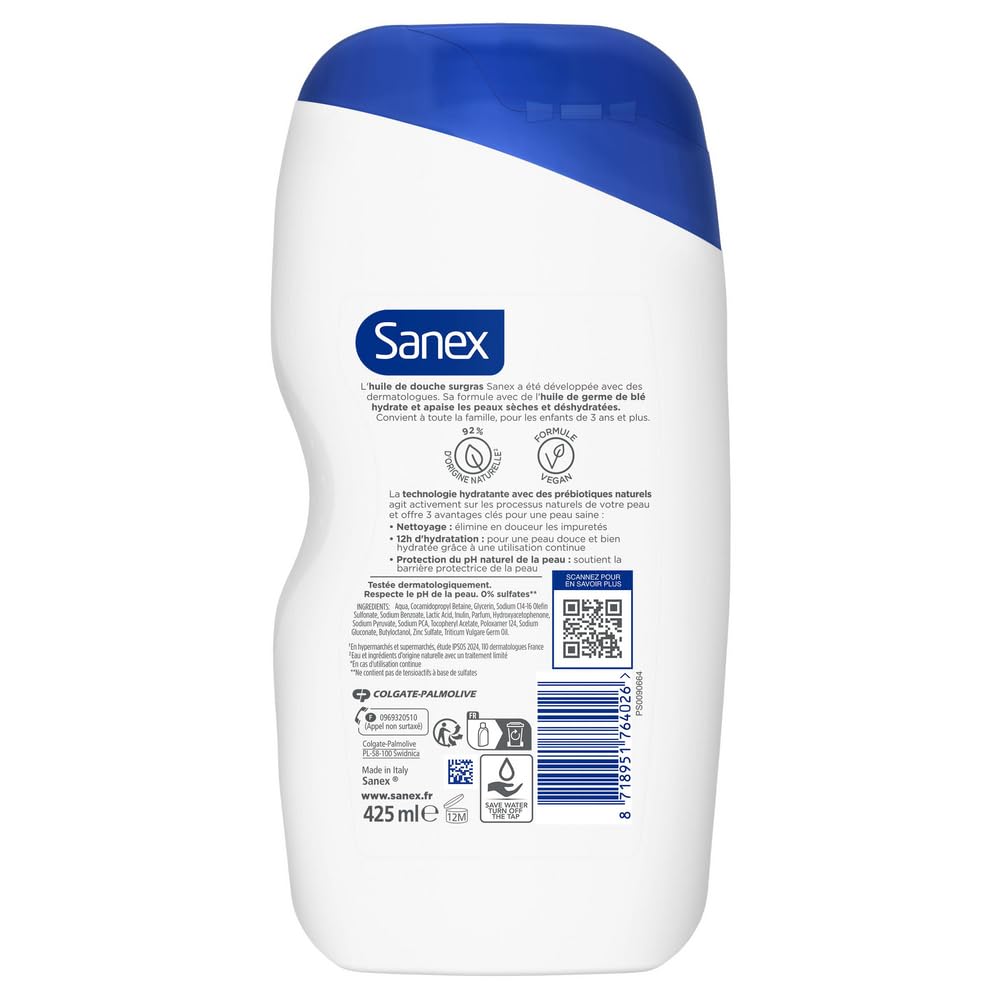 SANEX - Huile de Douche Derma Care Surgras - Hydratation 12h - Peaux sèches - 6 x 425ml